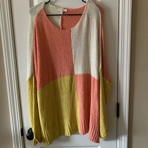 Easel Colorful Knit Sweater - Coral, Yellow, Cream